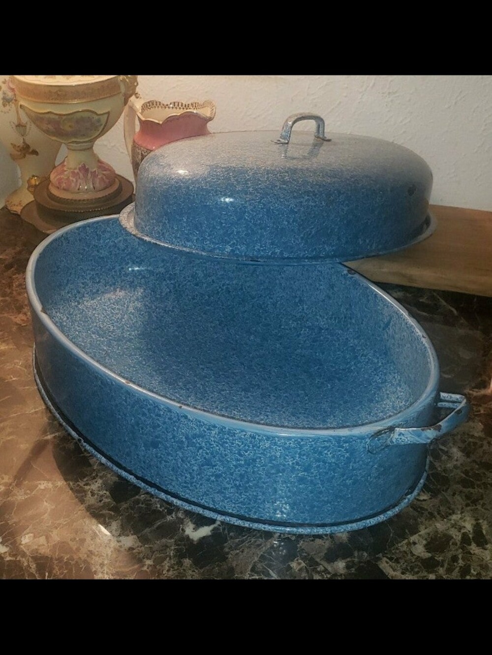 Large Antique Enamelware Oval Roasting Pan With Lid